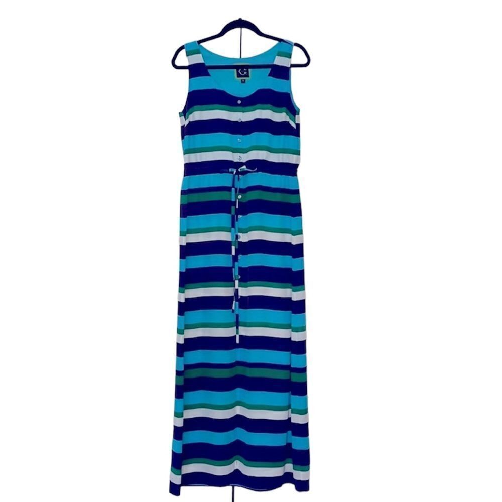 C. Wonder Blue Aqua White Striped‎ Sleeveless Maxi Dress Silk